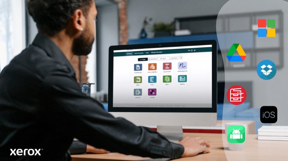 Una persona è seduta a una scrivania e guarda lo schermo di un computer che mostra l'interfaccia di Xerox Workflow Central. Sulla destra, le icone di Microsoft, Google Drive, Dropbox, un archivio, iOS e Android illustrano l'ampia compatibilità.